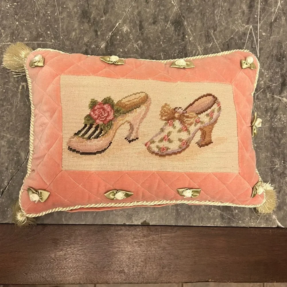 Vtg Handmade Embroidered Needle Point Tapestry Ruffle Tassel Rectangle Pillow